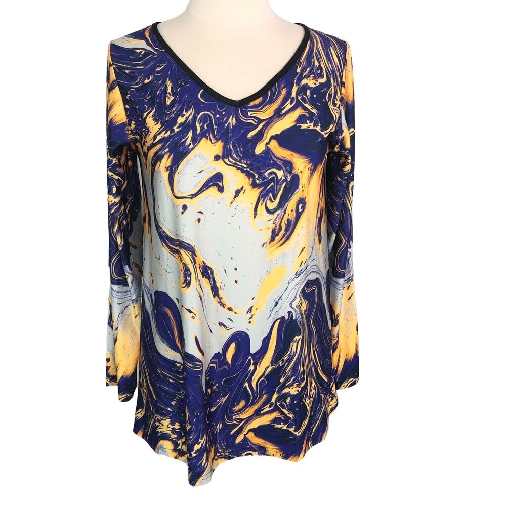 Sakurafina Slinky Tunic Blouse V Neck Bell Long Sleeves Hippie Swirl NWT Medium